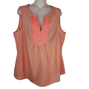 Market & Spruce Womens Tank Top Blouse Size XL Orange V Neck Embroidered Pleated